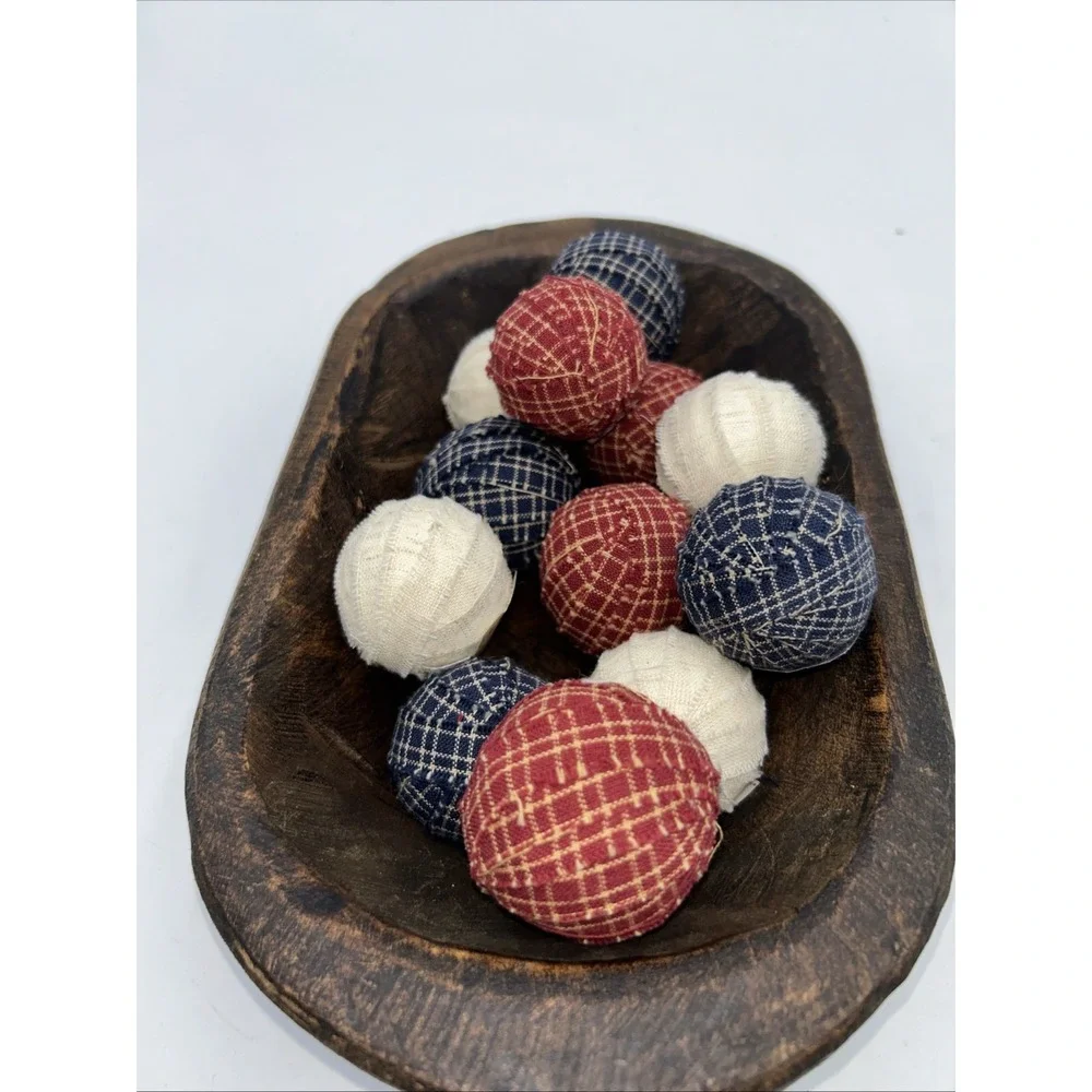 Primitive Americana Gingham Rag Balls Set of 12 Red White Blue Bowl Filler